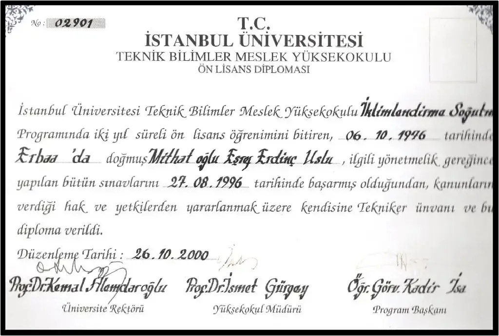 İstanbul Üniversitesi Teknik Bilimler MYO belgesi
