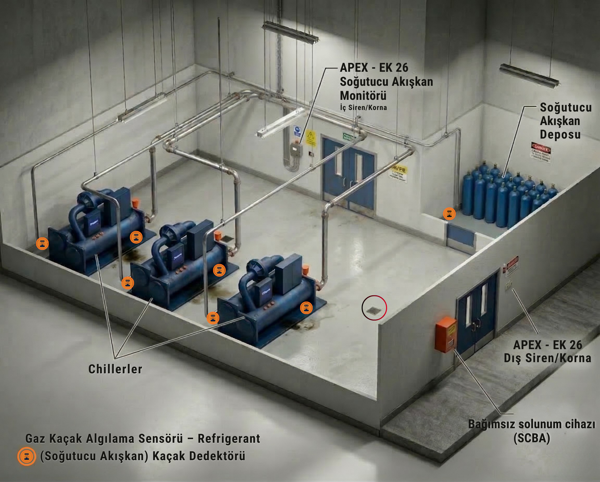 APEX EK-26 v1 — F-Gaz Sabit Kaçak Tespit Sistemi Makine Dairesi Uygulama Diyagramı