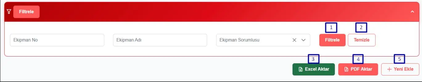 EKOMVET filtreleme ve dışa aktarma alanı ekran görüntüsü
