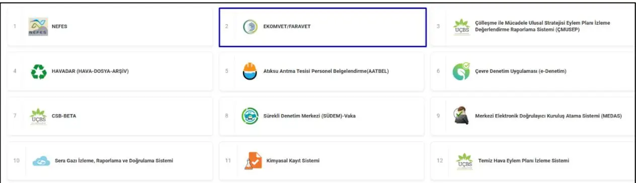 EKOMVET FARAVET modül seçim ekranı