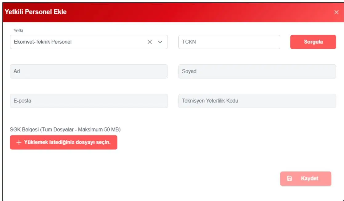 EKOMVET teknik servis tarafından personel ekleme