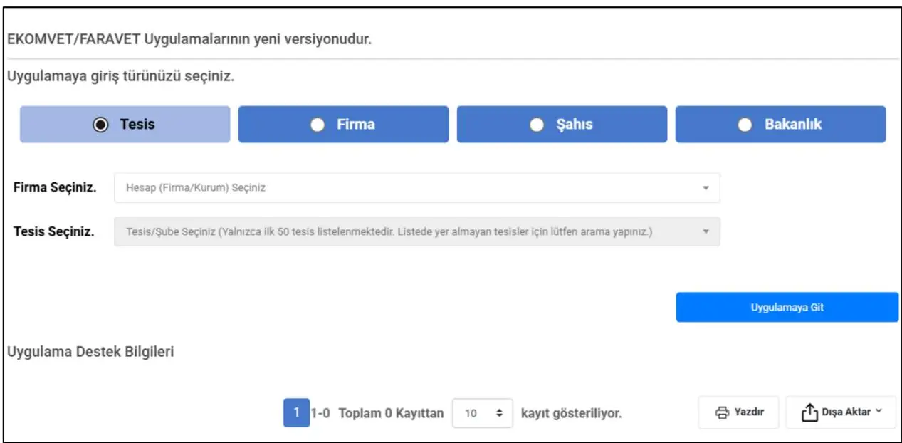 EKOMVET kullanıcı tipi seçimi — Tesis Firma Şahıs