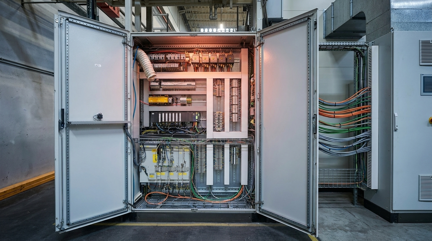 Endüstriyel elektrik panosunun iç görünümü — termal stres altındaki kontrol bileşenleri ve sıcaklık gradyanı