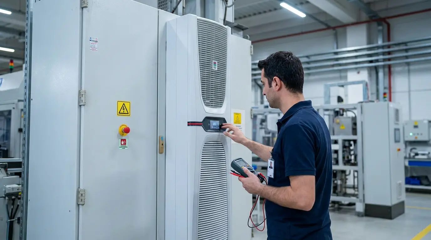 Erdinç Klima yetkili servis teknisyeni pano kliması bakım kontrolü yapıyor