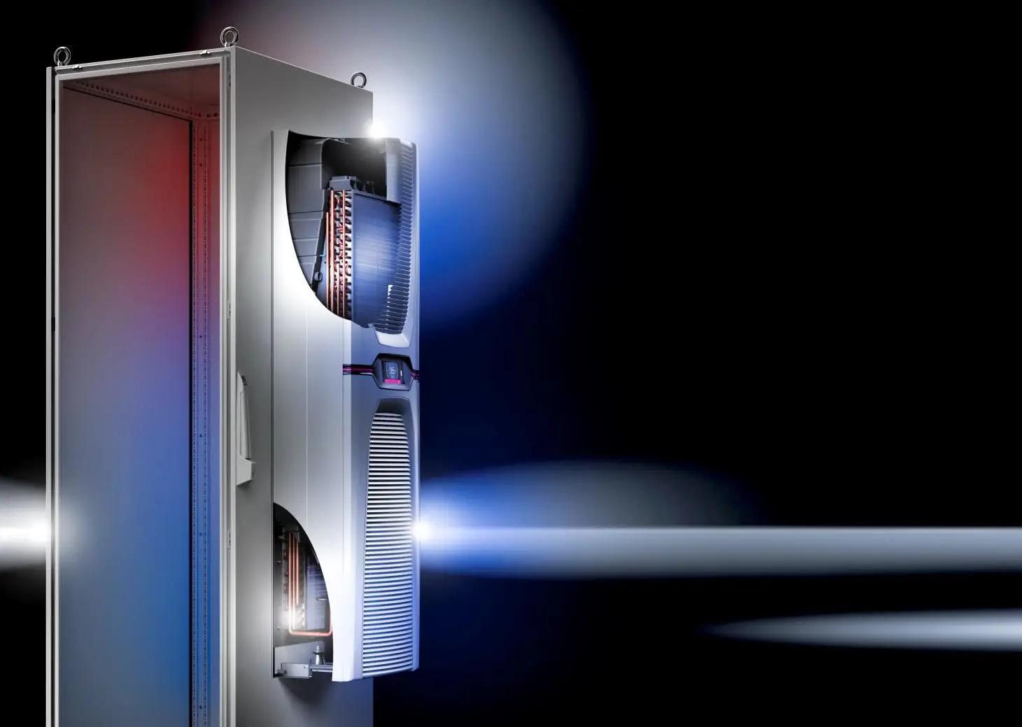 Rittal Blue e+ pano klimanın hibrit hava akış prensibi — üst heat pipe pasif soğutma ve alt aktif kompresörlü soğutma devreleri