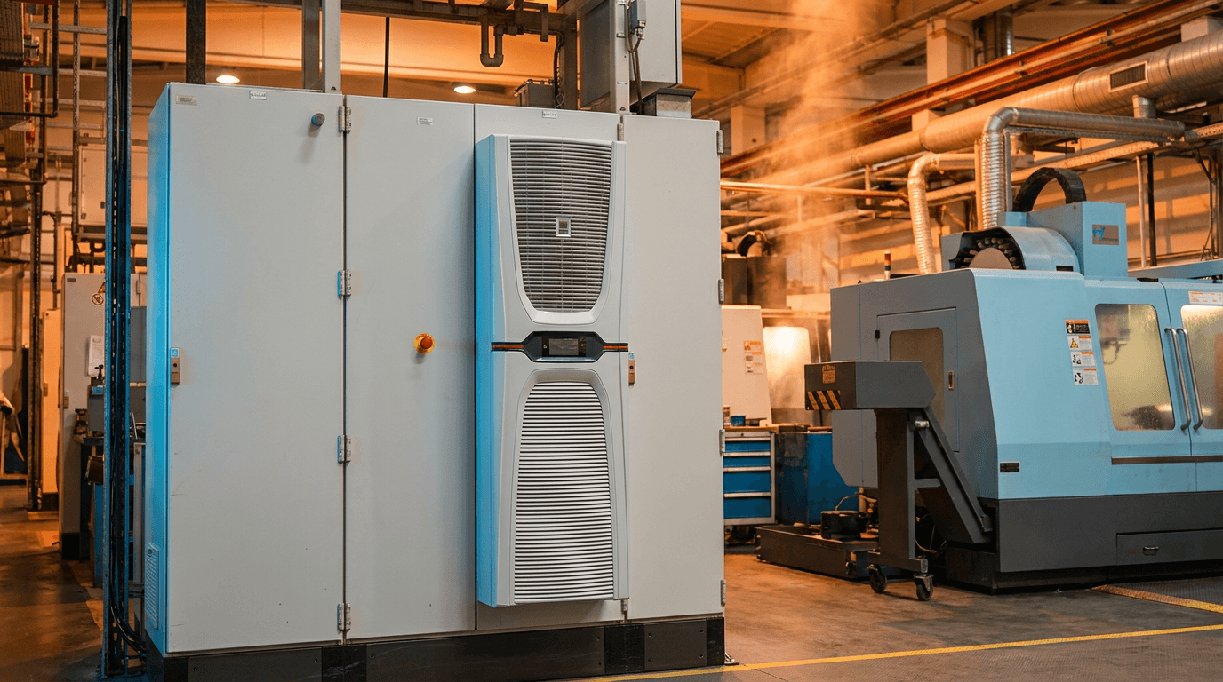 Sıcak fabrika ortamında endüstriyel elektrik kontrol panosu — ısı haresi ve yüksek ortam sıcaklığı görseli