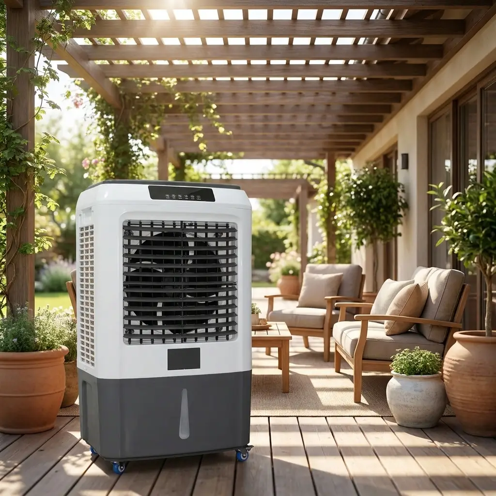 EK-60 evaporatif soğutucu sundurma ve pergola altı oturma alanında
