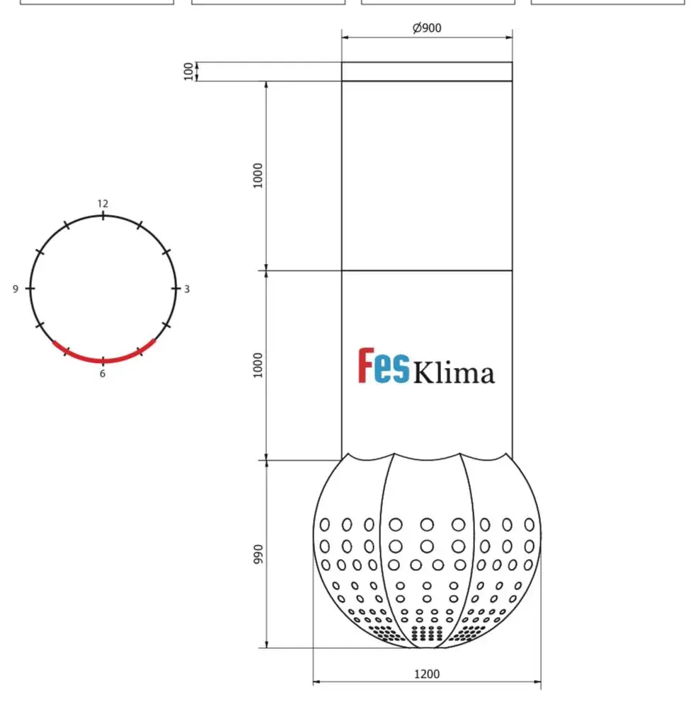 Küre başlığı teknik çizimi: Ø900 kanal, 100 mm bağlantı bileziği, 2x1000 mm gövde, Ø1200 x 990 mm delikli küre ve saat pozisyonu şeması
