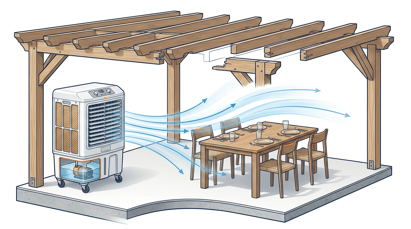 Restoran terasında pergola altında evaporatif mobil soğutucu hava akışı — teknik eğitim çizimi