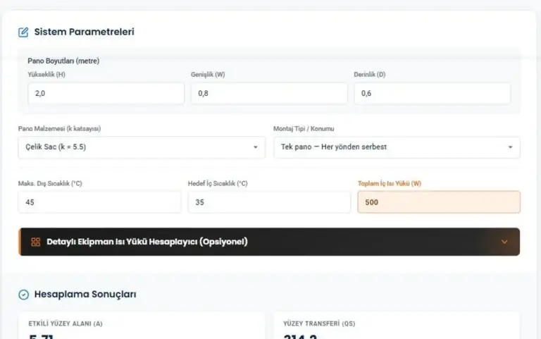 Pano klima kapasite hesaplama temel aracı — sistem parametreleri ve sonuç ekranı