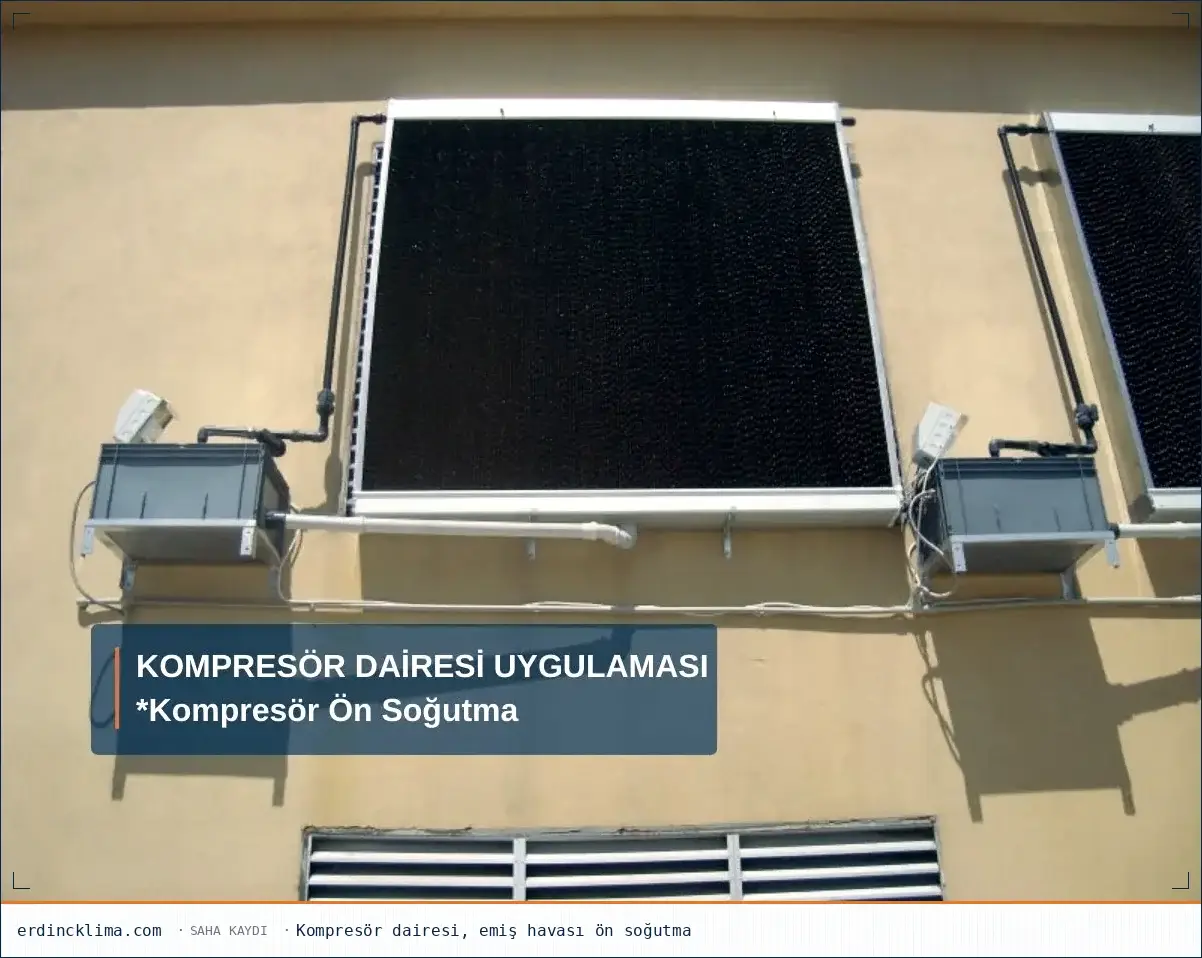 Kompresör dairesi dış duvarında emiş havası ön soğutma pedleri, saha kaydı
