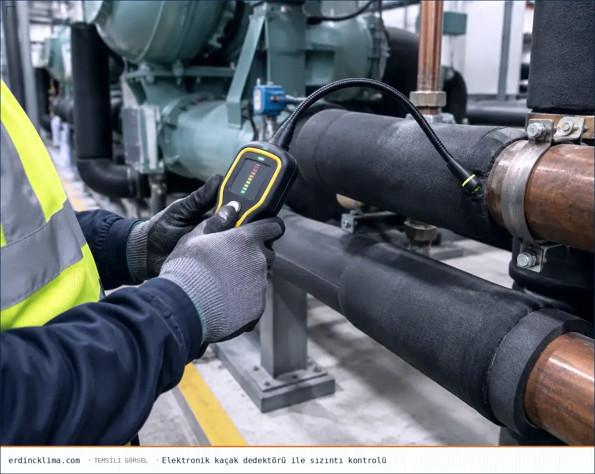 Teknisyen elektronik kaçak dedektörüyle soğutucu gaz bağlantı noktalarında sızıntı kontrolü yapıyor, temsilî görsel