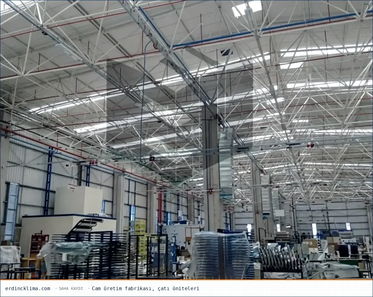 Cam üretim fabrikası çatısında havalandırma üniteleri, saha kaydı