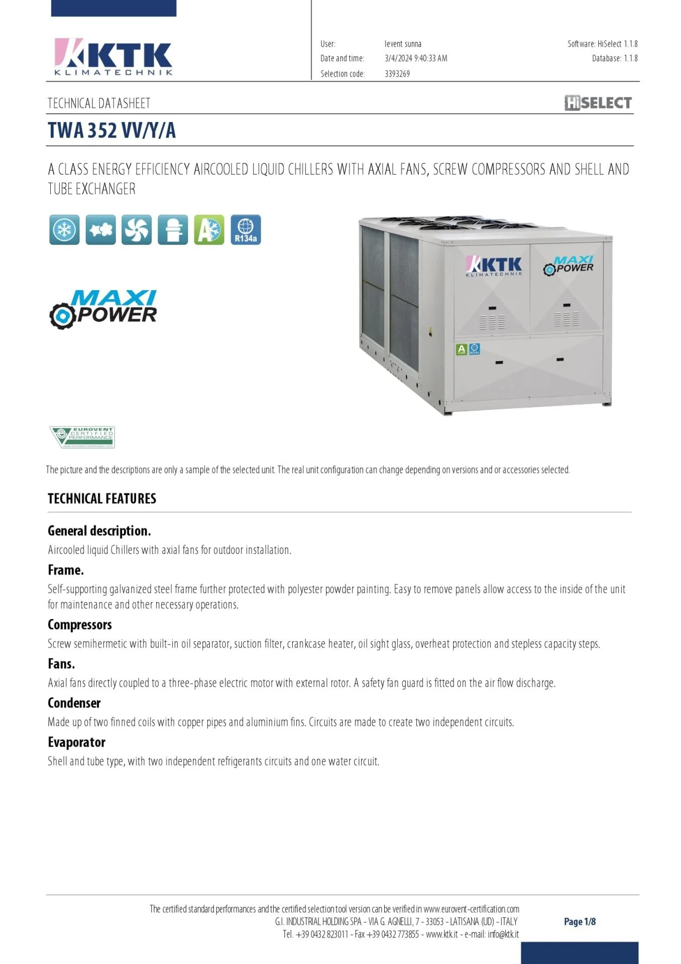 SIFIR ÜRÜN - TWA 352 VV/Y/A AIRCOOLED LIQUID CHILLERS